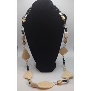 Cream And Black Tribal Style Costume Jewelry 32" Necklace With Matching Earrings